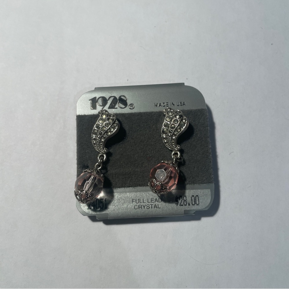 Vintage 1928 Silver Marcasite and Pink Lead Crystal Briolette Earrings NEW